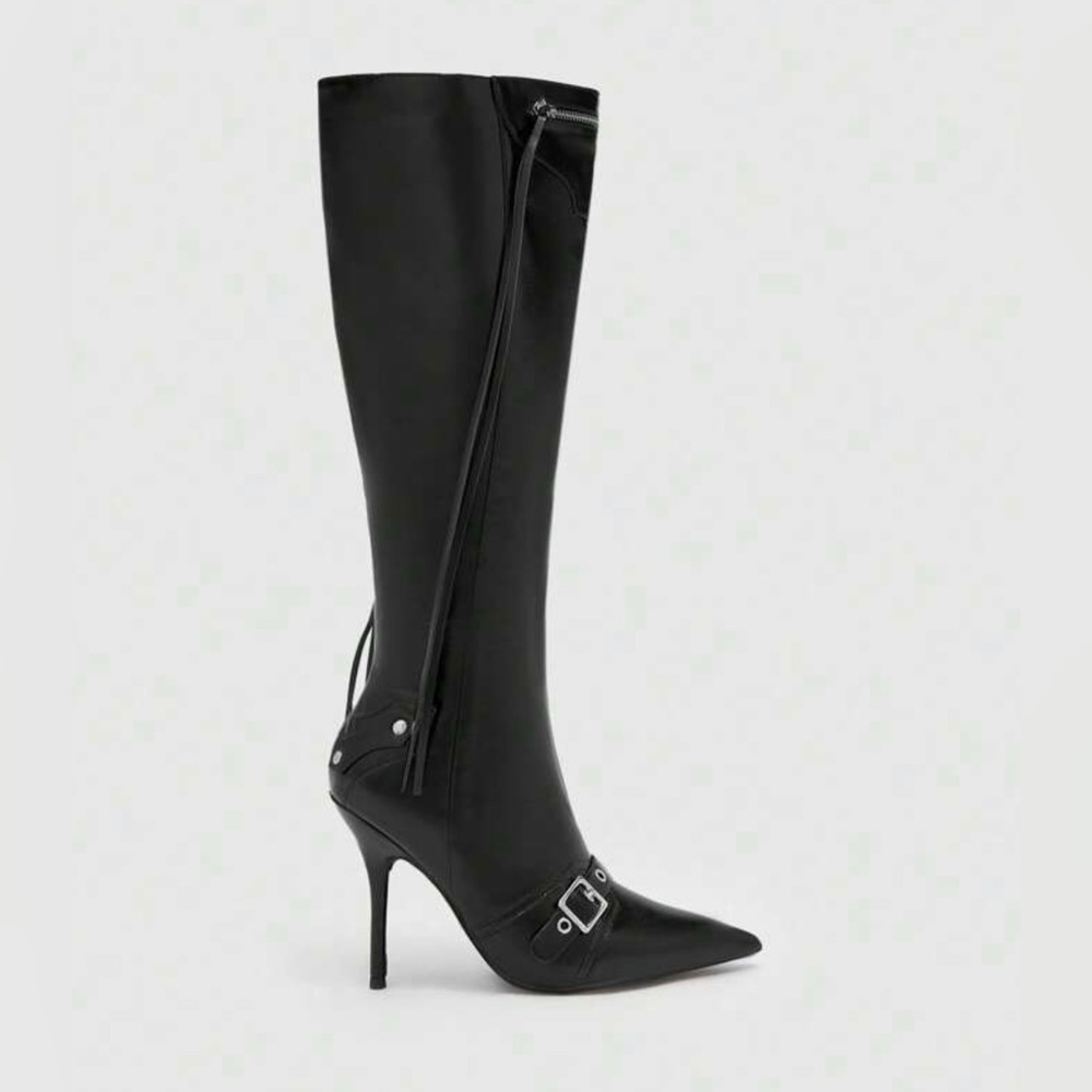 Trending Buckle Stiletto Heeled Classic Black Fall Boots, size 8 - Picture 2 of 8